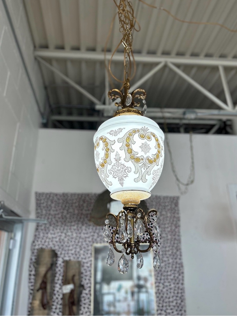 Vintage hanging light fixture swag Hollywood Regency textured gold white crystal